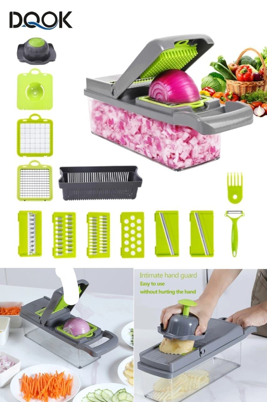 16PCS Multifunctional Veggie Slicer & Chopper Set – Manual Kitchen Cutter with Container & Blades