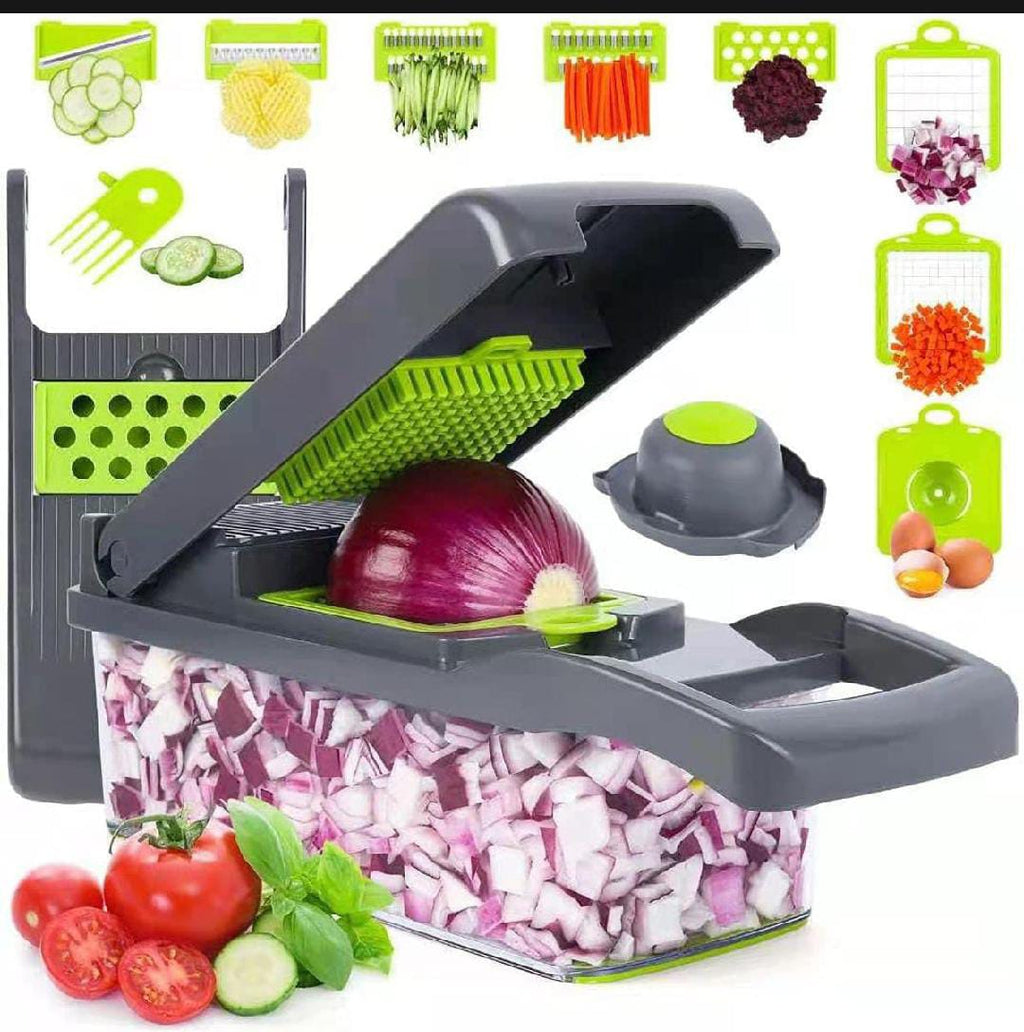 16PCS Multifunctional Veggie Slicer & Chopper Set – Manual Kitchen Cutter with Container & Blades
